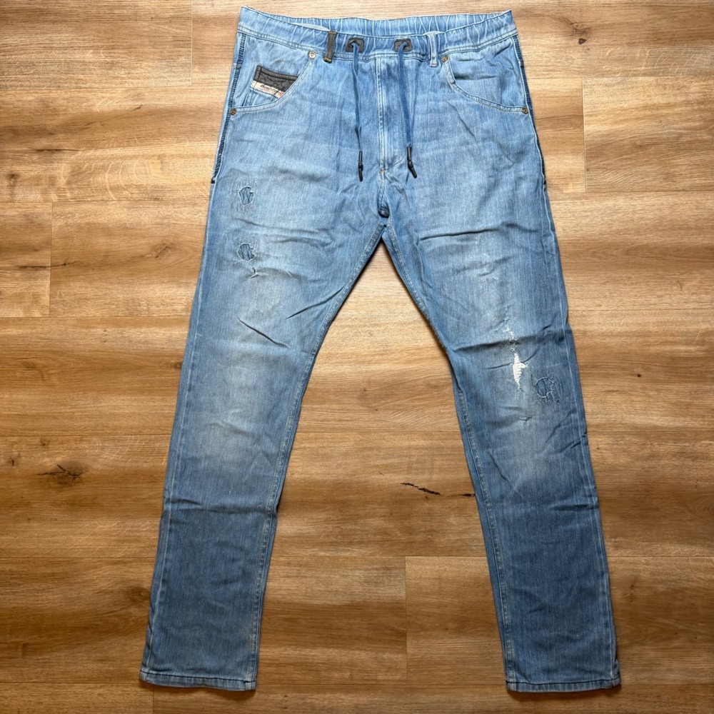 Diesel Krooley JoggJeans Mens 30 Blue Light Wash Distressed Drawstring Denim